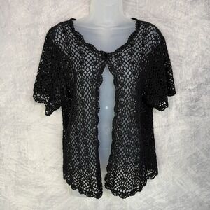 Vtg Y2k Crochet Cardigan Womens sz 12 Black Open Knit Fairy Grunge Whimsigoth